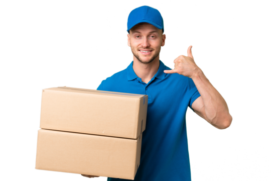 Delivery caucasian man over isolated background making phone gesture. Call me back sign