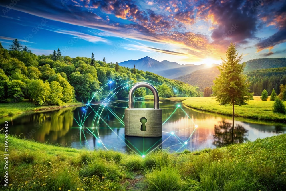 Poster secure server landscape with a digital lock overlay representing data protection and cybersecurity i