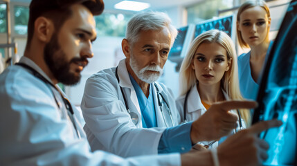 Professional medical team with doctors and surgeons examining a patient's x-ray image; discussing and pointing.