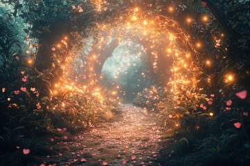 Fototapeta premium A winding path meanders through a vibrant forest, illuminated by soft lights and scattered with delicate flying petals, creating an enchanting atmosphere at dusk.