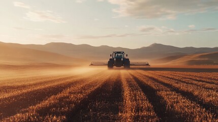 Fototapeta premium Tractor harvesting at sunset.
