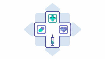 Flat medical cross icon filled with healthcare-related symbols for branding