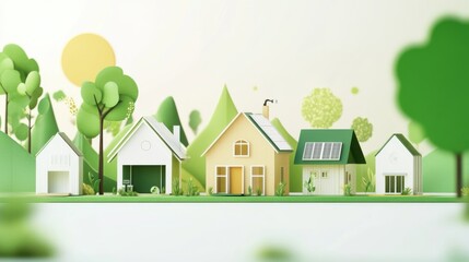 Naklejka premium A 3D animated style illustration of green energy-efficient homes on a white background, representing sustainable living, Simplified flat paper art illustration of