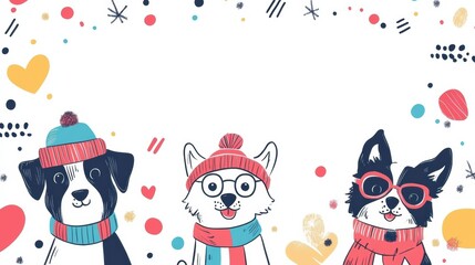 Naklejka premium Three cheerful dogs are illustrated wearing winter accessories, surrounded by colorful shapes and patterns, bringing a joyful vibe to the scene. Generative AI