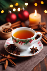 Fototapeta premium Christmas composition with a cup of tea spices on a knitted element christmas drink background