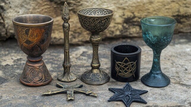 Ritual tools for Wicca, including athames, chalices, and pentacles used in sacred ceremonies