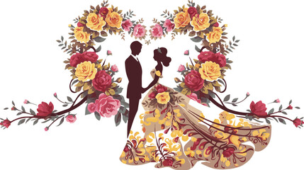 A romantic silhouette illustration of a bride and groom 