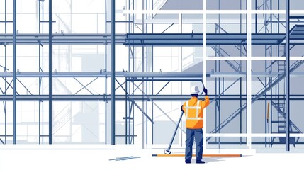 Construction Worker on Scaffolding Illustration - Modern Building Project