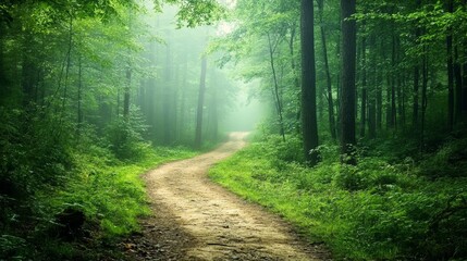 Fototapeta premium Nature trail winding through dense, misty forest