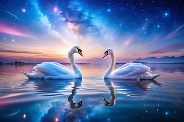 Fototapeta premium Serene Nightscape of Two Swans Gliding Through Water Against a Dreamy Blue and Pink Background Under a Starry Sky
