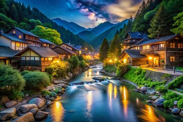 Obraz premium Serene Nighttime Scene of a Quaint Mountain Village with a River Flowing Through, Capturing the Tranquility of Nature Under a Starry Sky