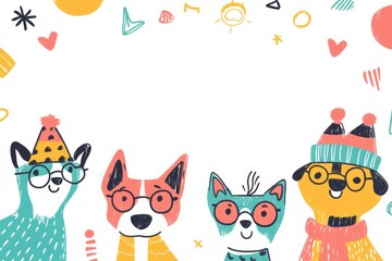 Fototapeta premium Playful dogs featuring unique designs wear glasses and festive hats against a vibrant backdrop filled with cheerful shapes. Generative AI