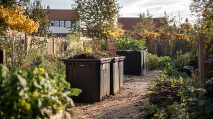 Naklejka premium Organic waste bins and compost areas in a community garden