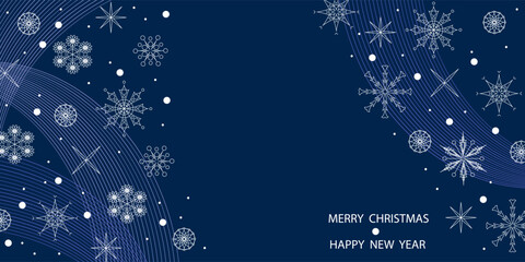 New Year's and Christmas. Abstract holiday background. Snowflakes and light wave from lines on dark blue background. Template for postcards, posters, invitations, publications.
