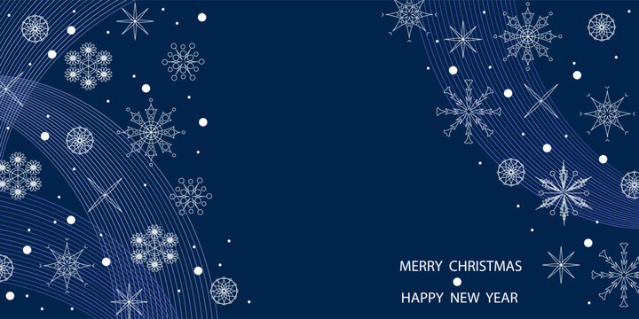 New Year's and Christmas. Abstract holiday background. Snowflakes and light wave from lines on dark blue background. Template for postcards, posters, invitations, publications.