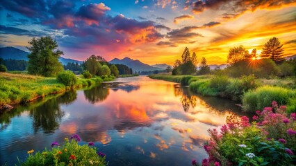 Fototapeta premium Serene River Landscape at Sunrise with Vibrant Colors and High Depth of Field, Capturing the Tranquility of Nature's Beauty in a Breathtaking Morning Scene