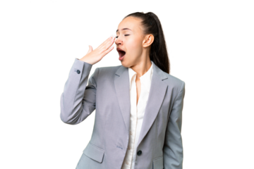 Young Arabian woman over isolated chroma key background yawning and covering wide open mouth with hand