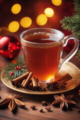 Christmas composition with a cup of tea spices on a knitted element christmas drink background