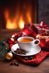Obraz premium Christmas composition with a cup of tea spices on a knitted element christmas drink background