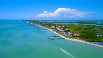 Aerial View Coastal Houses Turquoise Water Illustration