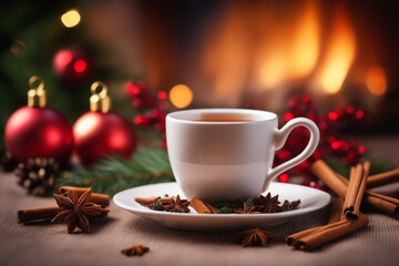 Fototapeta premium Christmas composition with a cup of tea spices on a knitted element christmas drink background