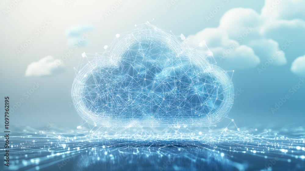 Poster a large cloud icon in the center, showcasing intricate internal connections and a network of lines emanating from it. The background is a soft gradient of azure and white,