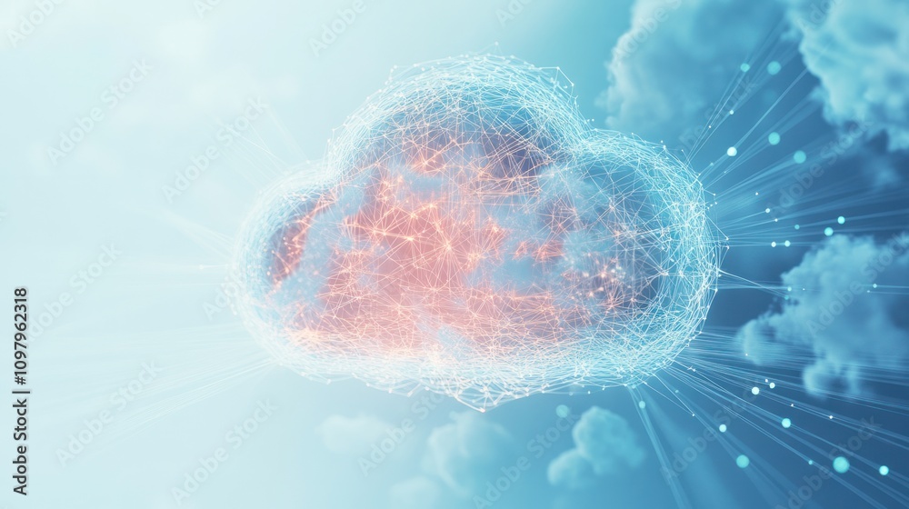 Poster a large cloud icon in the center, showcasing intricate internal connections and a network of lines emanating from it. The background is a soft gradient of azure and white,