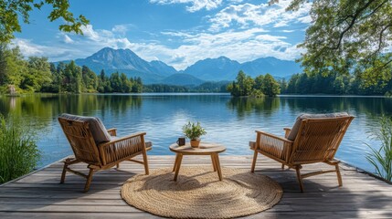 A serene lake reflects the evening sky, with a wooden dock equipped with adirondack chairs and a coffee table inviting relaxation among lush greenery.