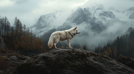 Naklejka premium Rare white wolf in the mountains