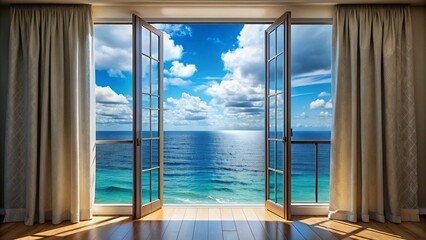 Fototapeta premium Serene Vertical View of Bright Blue Sea and Sky Through Dark Window Curtains, Breezy Atmosphere Inviting Nature Inside, Perfect for Relaxation and Calm Moments