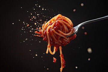 Spaghetti twirled on a fork with marinara sauce splashing mid-air on a dark background