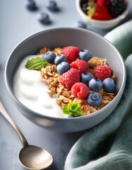 A bowl of granola and yogurt with fresh berries, styled on a gray table with a soft blanket and a hand holding a spoon