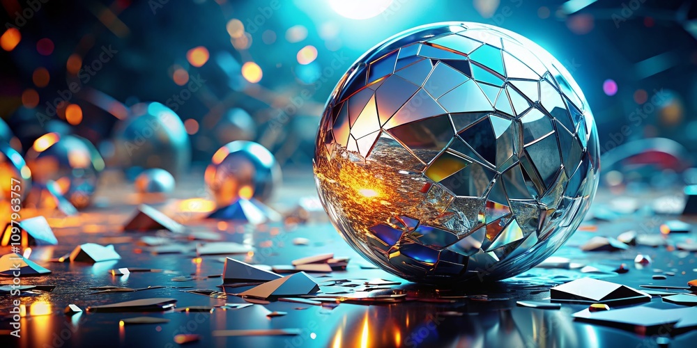 Poster shattered silver glass sphere in an abstract 3d environment with dynamic reflections and copy space 