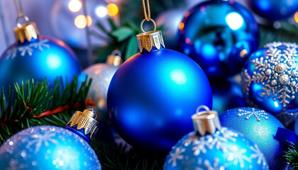 Shiny blue baubles adorn a festive fir tree, ready for the holiday season