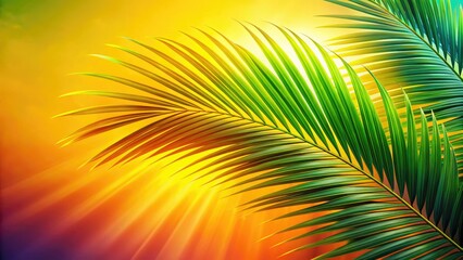 Fototapeta premium Colorful Summer Background with Tropical Palm Branch, Long Exposure Effect, Bright Yellow 3D Illustration, Ideal for Summer Vibes, Travel, and Vacation Themes