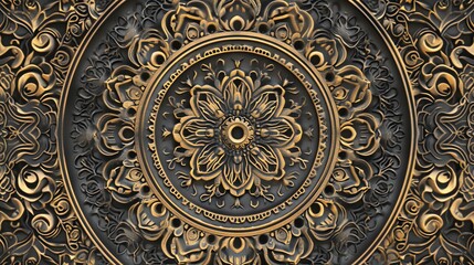 Obraz premium An ornate, circular design with a gold pattern on a black background.