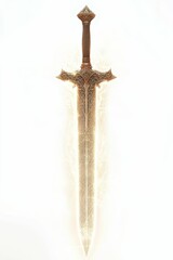 Ornate golden sword, glowing, light background.
