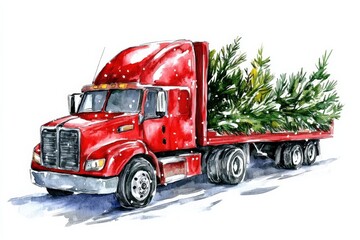 Christmas Truck with Pine Trees Watercolor Illustration for Holiday Celebration