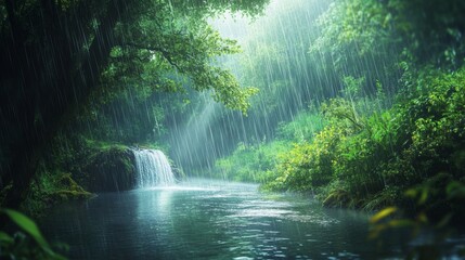 Fototapeta premium River flowing through a rainy forest, creating a refreshing and natural scene