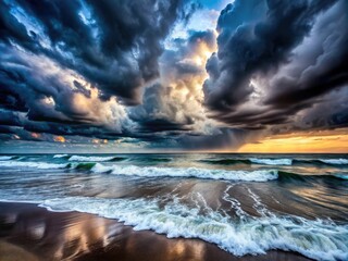 Fototapeta premium Dark and Dramatic Stormy Clouds Over Sea - Long Exposure Photography, Nature's Fury, Ocean Waves, Atmospheric Turbulence, Moody Skies, 