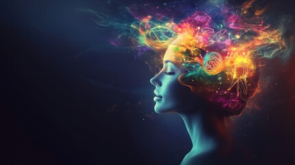 Fototapeta premium Colorful energy flows from woman's head.