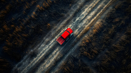 Aerial View Red Truck on Dirt Road Illustration