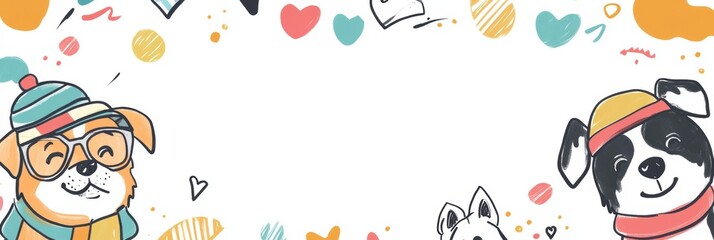 Obraz premium Cheerful doodle drawings showcase adorable dogs wearing hats and glasses, surrounded by bright hearts and playful patterns. Generative AI