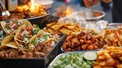 Obraz premium Popular street food dishes, ranging from tacos to dumplings, served hot and fresh by vendors
