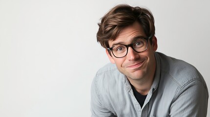 Fototapeta premium Portrait of a smiling man with glasses, light gray shirt, against a white background.