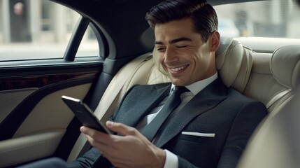 Handsome caucasian young, smiling businessman in a suit, sitting in the back seat of a luxury car and using a phone during the day.