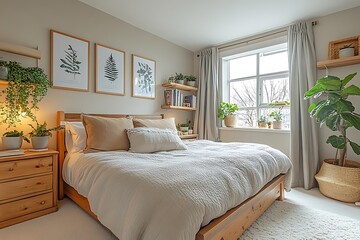 Modern bedroom has a bedroom with a bed and decorative pillows.