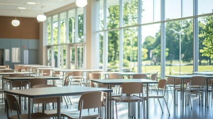 Obraz premium Empty school cafeteria tables during off-peak hours, a serene moment of reflection on the passage of time and the transient nature of youth.