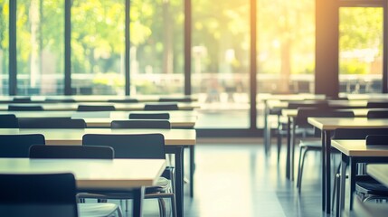 Empty school cafeteria tables during off-peak hours, a serene moment of reflection on the passage of time and the transient nature of youth.