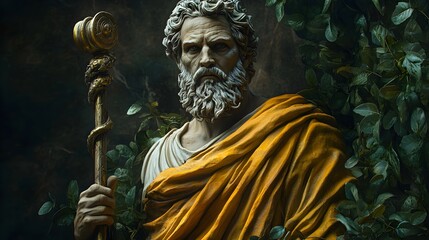 Obraz premium The Healing of Asclepius - beard, man, ancient, statue, mythology, strong, staff, robe, wisdom, nature, portrait, strongman, greenery, classical, divine, warrior